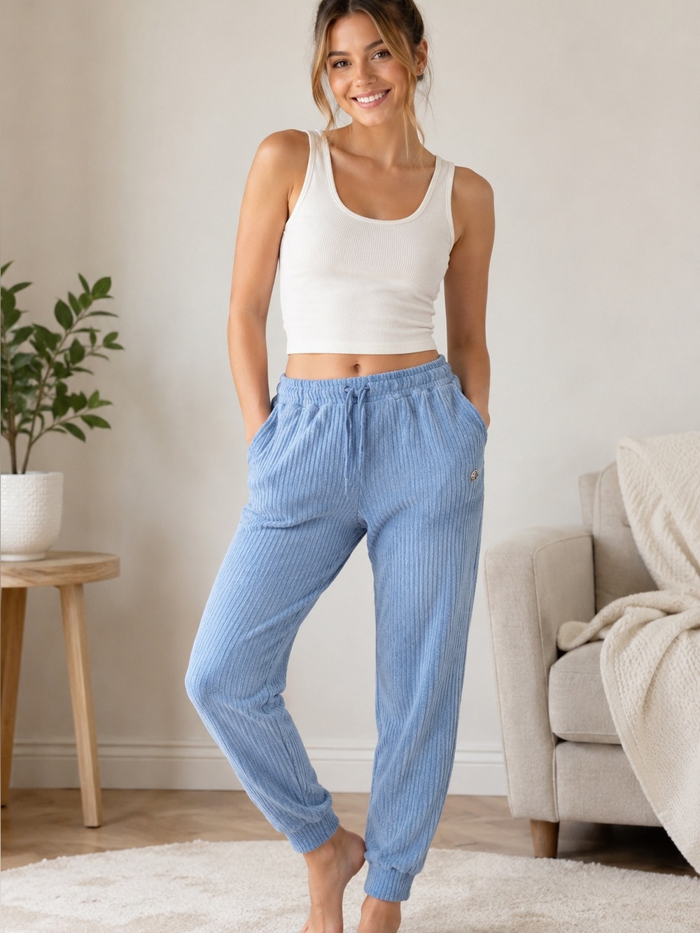 JONES NEW YORK BABY BLUE CHENILLE RIBBED LOUNGE PANTS SIZE SMALL